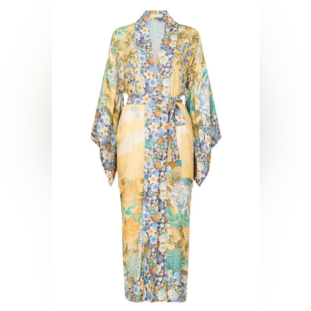 Spell Yellow Floral Silk Kimono Robe with Blue and Green Accents